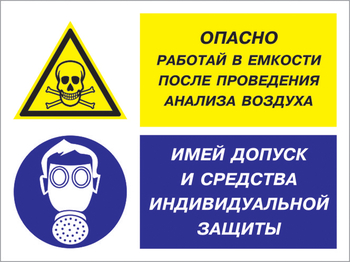 Кз 90 опасно - работай в емкости после проведения анализа воздуха. имей допуск и средства индивидуальной защиты. (пластик, 400х300 мм) - Знаки безопасности - Комбинированные знаки безопасности - . Магазин Znakstend.ru