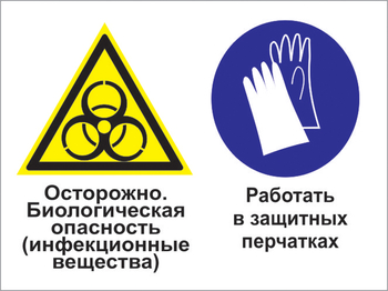 Кз 73осторожно - биологическая опасность (инфекционные вещества). работать в защитных перчатках. (пластик, 600х400 мм) - Знаки безопасности - Комбинированные знаки безопасности - . Магазин Znakstend.ru