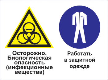 Кз 72 осторожно - биологическая опасность (инфекционные вещества). работать в защитной одежде. (пластик, 400х300 мм) - Знаки безопасности - Комбинированные знаки безопасности - . Магазин Znakstend.ru